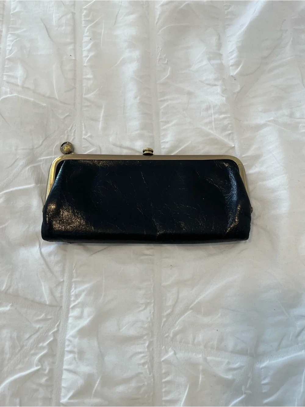 HOBO Black Leather Kiss-Lock Clutch Wallet with Gold-Tone Frame